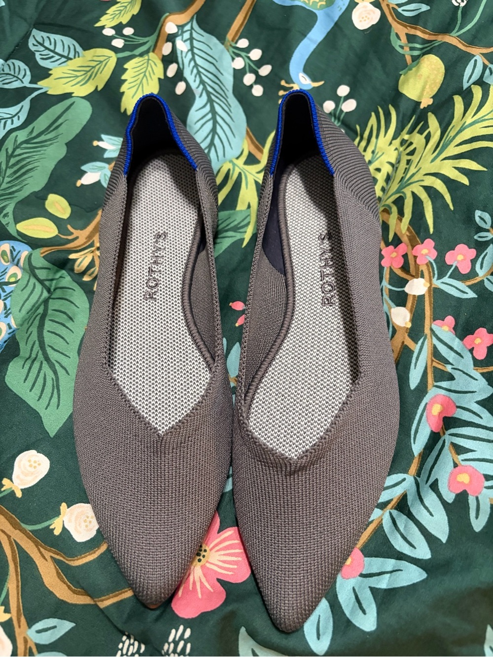 Rothy's Pointed Knit Flats in Gray with Blue Trim